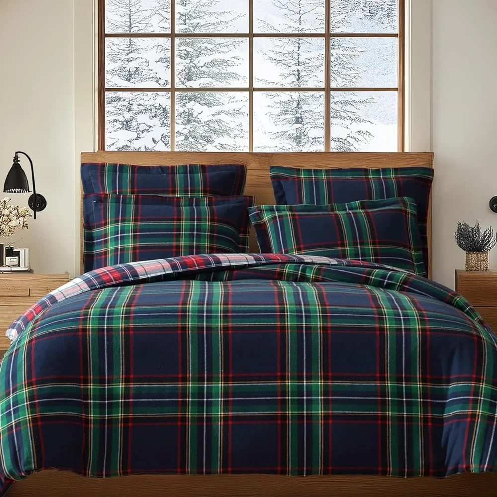 🆕 PB Style Navy Plaid Queen Duvet Set Stewart Christmas Cotton 3 Piece NEW